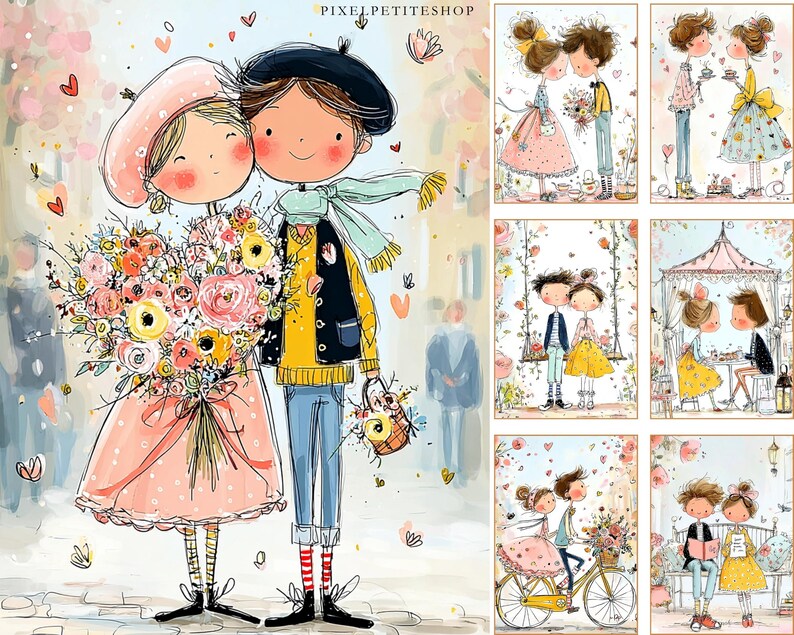 May include: Watercolor illustration of a couple embracing, the woman holding a large bouquet of flowers. The man wears a beret and carries a basket of flowers. The image has a soft, romantic feel with pastel colors and hearts.