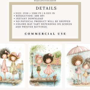 May include: Watercolor illustrations of three sets of two girls in dresses. The first image shows two girls on a pier, the second shows two girls near a lamp post, and the third shows two girls under an umbrella. The text at the top says "DETAILS" and "COMMERCIAL USE".