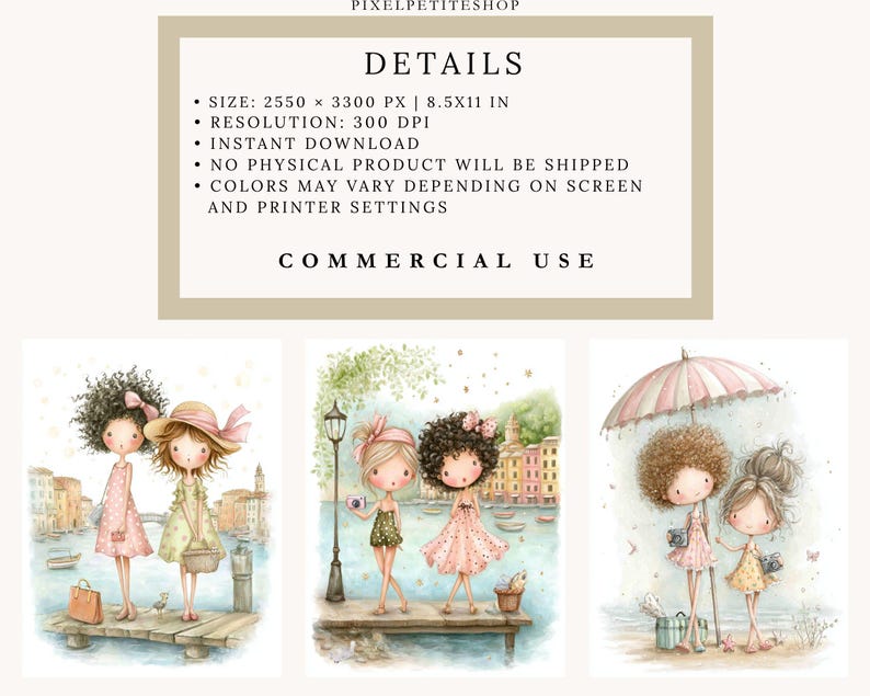 May include: Watercolor illustrations of three sets of two girls in dresses. The first image shows two girls on a pier, the second shows two girls near a lamp post, and the third shows two girls under an umbrella. The text at the top says "DETAILS" and "COMMERCIAL USE".