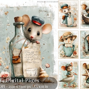 May include: A collection of digital art pages featuring whimsical illustrations of mice in various scenes. The artwork includes a mouse peeking from behind a bottle, and other mice in boats and wearing hats. The text "34 Digital Pages" is visible.