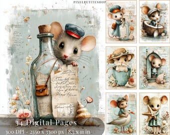 May include: A collection of digital art pages featuring whimsical illustrations of mice in various scenes. The artwork includes a mouse peeking from behind a bottle, and other mice in boats and wearing hats. The text "34 Digital Pages" is visible.