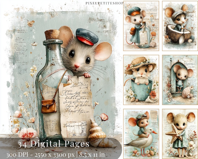 May include: A collection of digital art pages featuring whimsical illustrations of mice in various scenes. The artwork includes a mouse peeking from behind a bottle, and other mice in boats and wearing hats. The text "34 Digital Pages" is visible.