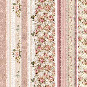 May include: A collection of floral patterned fabric designs. The patterns include stripes, polka dots, and floral arrangements in shades of pink, cream, and green. Some designs feature lace trim.