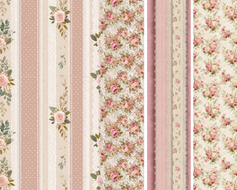 May include: A collection of floral patterned fabric designs. The patterns include stripes, polka dots, and floral arrangements in shades of pink, cream, and green. Some designs feature lace trim.