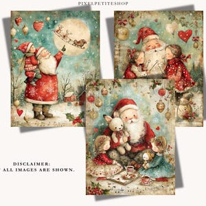 May include: Three digital art prints featuring Santa Claus in various holiday scenes. One shows Santa with a child pointing at a sleigh in the moon, another shows Santa with two children, and the third shows Santa with children and a rabbit toy.