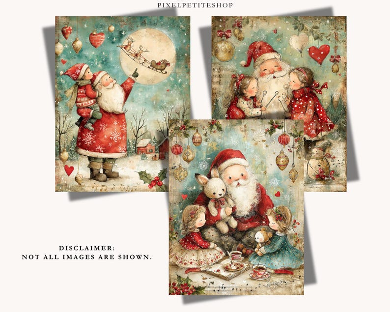 May include: Three digital art prints featuring Santa Claus in various holiday scenes. One shows Santa with a child pointing at a sleigh in the moon, another shows Santa with two children, and the third shows Santa with children and a rabbit toy.