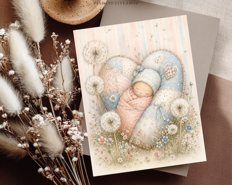 May include: A rectangular print featuring a watercolor illustration of a swaddled infant sleeping inside a large, heart-shaped patchwork pillow. The scene includes dandelion seed heads and small wildflowers in soft pastel blue, pink, and cream tones.