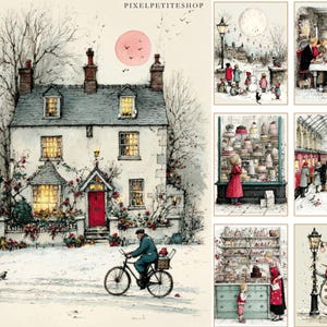 Op de afbeelding: Een verzameling winterse kunstprints. De prints tonen sc&egrave;nes van een besneeuwd huis, kinderen die in de sneeuw spelen, mensen aan tafel, een meisje dat naar taarten kijkt en een sneeuwpop. Het kleurenpalet omvat wit, rood en geel.