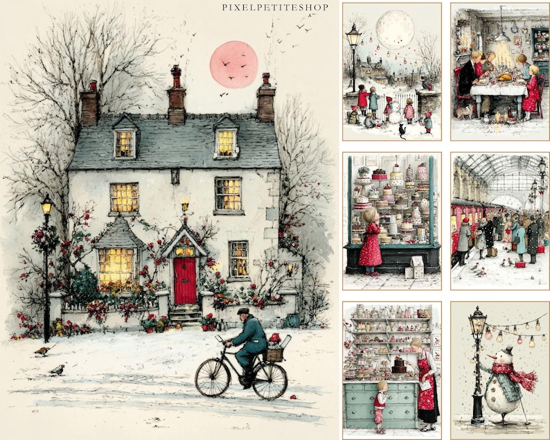 Op de afbeelding: Een verzameling winterse kunstprints. De prints tonen sc&egrave;nes van een besneeuwd huis, kinderen die in de sneeuw spelen, mensen aan tafel, een meisje dat naar taarten kijkt en een sneeuwpop. Het kleurenpalet omvat wit, rood en geel.