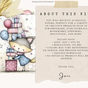 Puede incluir: Kit de arte digital con un zorro de dibujos animados sosteniendo regalos y globos. La imagen incluye el texto "ABOUT THIS KIT" y "YOU WILL RECEIVE 40 DIGITAL PAPERS". La obra de arte tiene un estilo suave de acuarela con colores pastel.