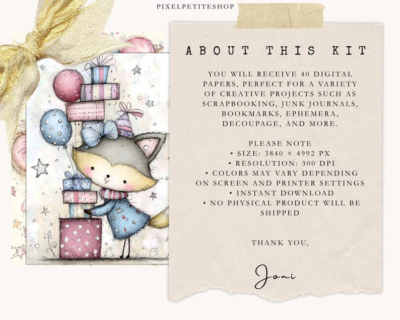 Puede incluir: Kit de arte digital con un zorro de dibujos animados sosteniendo regalos y globos. La imagen incluye el texto "ABOUT THIS KIT" y "YOU WILL RECEIVE 40 DIGITAL PAPERS". La obra de arte tiene un estilo suave de acuarela con colores pastel.