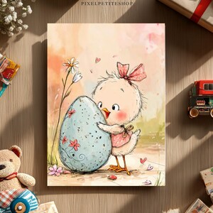 May include: A watercolor illustration of a baby chick hugging a large, speckled blue egg adorned with pink flowers. The chick wears a pink dress and bow. The background is a soft blend of peach and cream tones, with small pink hearts scattered around.