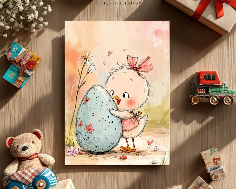 May include: A watercolor illustration of a baby chick hugging a large, speckled blue egg adorned with pink flowers. The chick wears a pink dress and bow. The background is a soft blend of peach and cream tones, with small pink hearts scattered around.