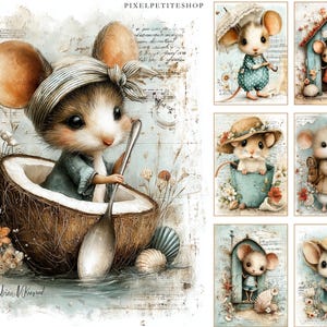 May include: Watercolor art print featuring a collection of adorable mice in various scenes. One mouse is in a coconut shell with a spoon, others are in a house, holding an umbrella, and wearing hats. The artwork has a soft, pastel color palette.