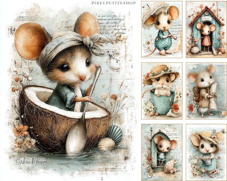 May include: Watercolor art print featuring a collection of adorable mice in various scenes. One mouse is in a coconut shell with a spoon, others are in a house, holding an umbrella, and wearing hats. The artwork has a soft, pastel color palette.