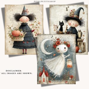 May include: Three digital art prints featuring whimsical characters. One shows a figure in a dark dress holding a pumpkin, another depicts a character with a black cat and owl, and the third shows a figure in a white dress with a lantern and moon.