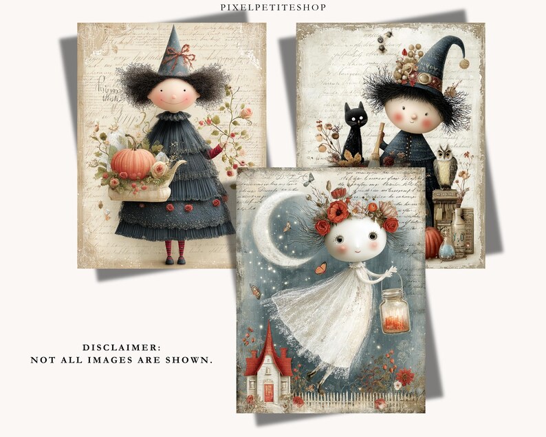 May include: Three digital art prints featuring whimsical characters. One shows a figure in a dark dress holding a pumpkin, another depicts a character with a black cat and owl, and the third shows a figure in a white dress with a lantern and moon.