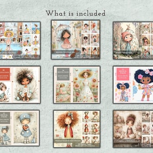 May include: A collection of nine digital art sets featuring illustrated characters in various settings. Each set displays multiple panels with diverse figures, including girls in dresses, floral backgrounds, and storybook themes with text labels like What is included.