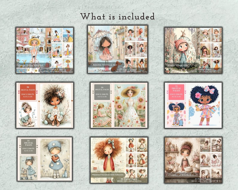 May include: A collection of nine digital art sets featuring illustrated characters in various settings. Each set displays multiple panels with diverse figures, including girls in dresses, floral backgrounds, and storybook themes with text labels like What is included.