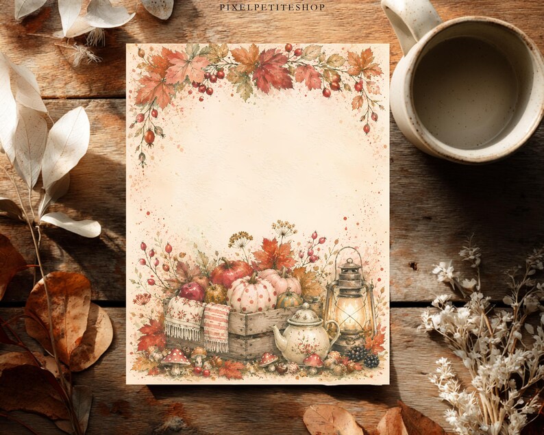 Op de afbeelding: Een rechthoekig vel briefpapier met een aquarelillustratie van herfstbladeren en bessen aan de bovenkant. De onderkant toont een houten kist gevuld met pompoenen, een theepot en een brandende lantaarn, omringd door herfstbladeren en bessen.
