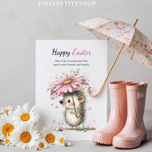 May include: An Easter-themed image featuring a greeting card with a hedgehog holding a flower umbrella. Pink rain boots and a floral umbrella are next to the card. White daisies with yellow centers are in the foreground. The card reads "Happy Easter".