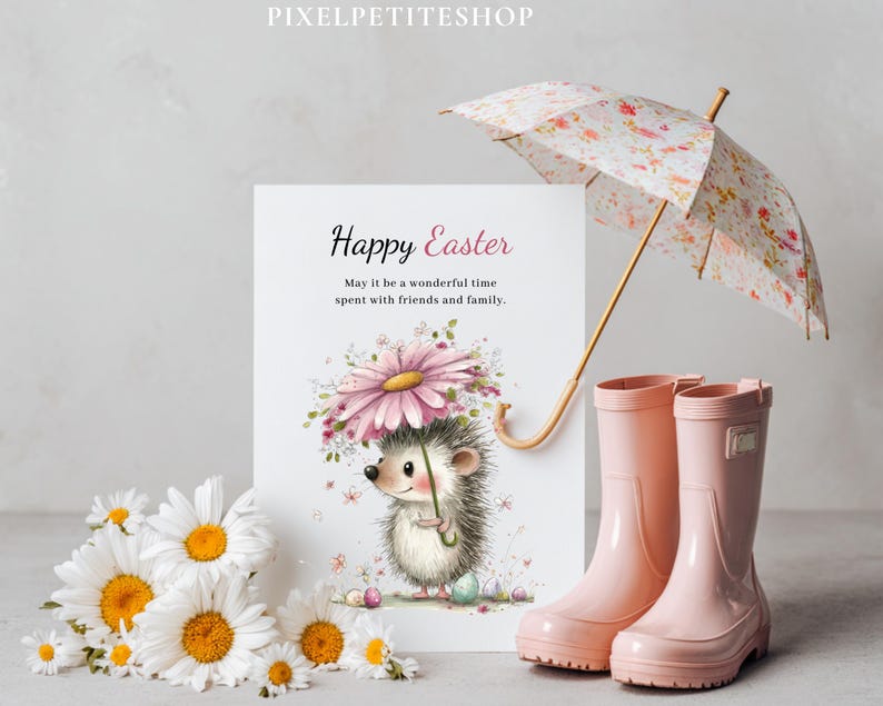 May include: An Easter-themed image featuring a greeting card with a hedgehog holding a flower umbrella. Pink rain boots and a floral umbrella are next to the card. White daisies with yellow centers are in the foreground. The card reads "Happy Easter".