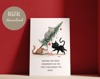 Utskrivbart roligt julkort med katt | Digitalt gratulationskort 5x7 för nedladdning