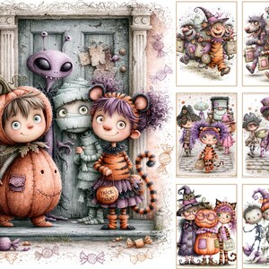 May include: A collection of Halloween-themed illustrations featuring children in costumes including a pumpkin, a mummy, and a tiger. The artwork displays various characters like aliens, witches, and skeletons in whimsical scenes with candy motifs and trick-or-treat bags.