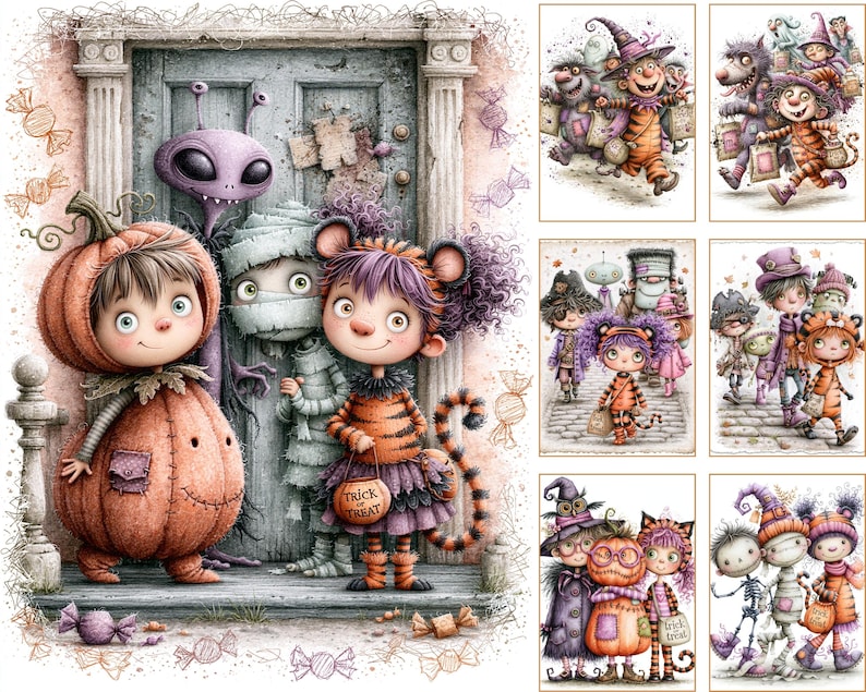 May include: A collection of Halloween-themed illustrations featuring children in costumes including a pumpkin, a mummy, and a tiger. The artwork displays various characters like aliens, witches, and skeletons in whimsical scenes with candy motifs and trick-or-treat bags.