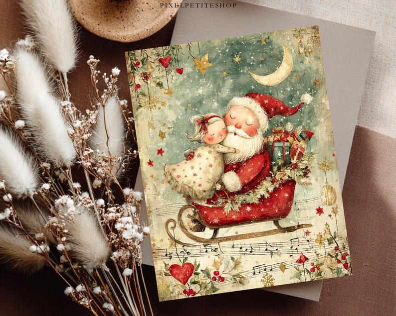 May include: A rectangular greeting card featuring a whimsical illustration of Santa Claus in a red sleigh with a child, surrounded by stars, a crescent moon, and musical notes. The text PIXELPETITESHOP is printed at the top center of the card.