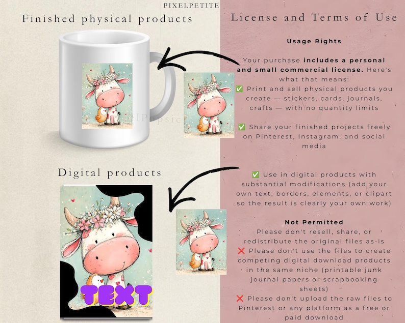 May include: A white ceramic mug and a rectangular digital print featuring a cartoon cow with a flower crown and a small yellow bird. The image includes text such as PIXELPETITE, Finished physical products, Digital products, and License and Terms of Use.
