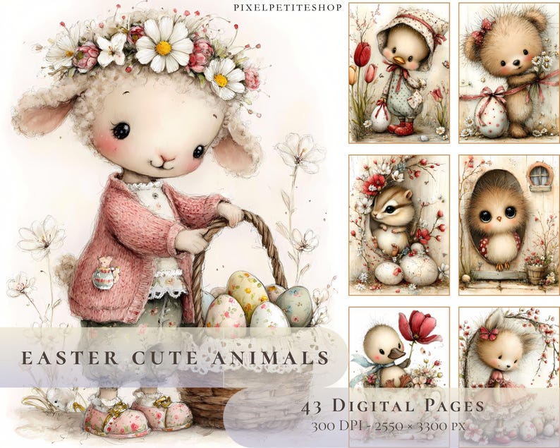May include: Watercolor illustration of a lamb wearing a flower crown and pink cardigan, carrying a basket of Easter eggs. The image includes other cute animal illustrations, with the text "EASTER CUTE ANIMALS" and "43 DIGITAL PAGES".