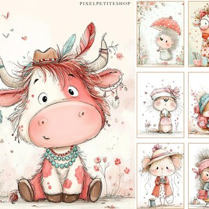 Peut inclure: Illustrations &agrave; l'aquarelle d'adorables animaux, dont une vache, un h&eacute;risson et un &eacute;cureuil, dans une palette de couleurs pastel. La vache porte un chapeau et des plumes, tandis que les autres animaux sont v&ecirc;tus de tenues mignonnes. L'&oelig;uvre a un style fantaisiste.