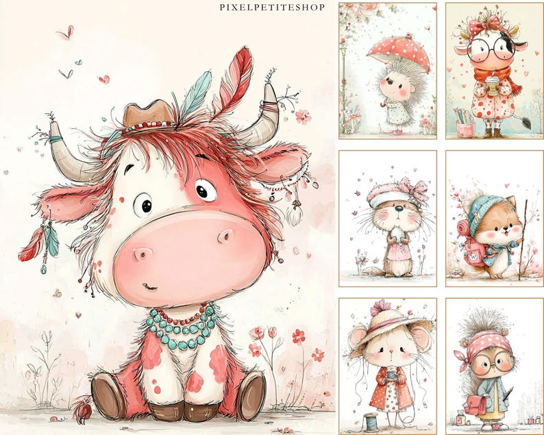 Peut inclure: Illustrations &agrave; l'aquarelle d'adorables animaux, dont une vache, un h&eacute;risson et un &eacute;cureuil, dans une palette de couleurs pastel. La vache porte un chapeau et des plumes, tandis que les autres animaux sont v&ecirc;tus de tenues mignonnes. L'&oelig;uvre a un style fantaisiste.