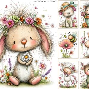 May include: Watercolor illustrations of adorable animals, including a bunny wearing a flower crown and holding a daisy, a puppy in a hat, a hedgehog in a pot, a bee near a poppy, a bunny with flowers, a lamb, and a cow.