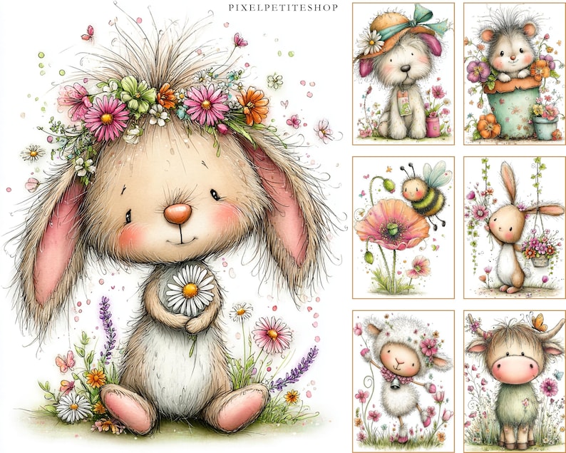May include: Watercolor illustrations of adorable animals, including a bunny wearing a flower crown and holding a daisy, a puppy in a hat, a hedgehog in a pot, a bee near a poppy, a bunny with flowers, a lamb, and a cow.