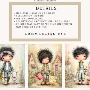 May include: Digital art prints featuring whimsical illustrations of children in a garden setting. Each child is depicted with a pet, such as a lamb, duckling, or puppy, and garden tools. The prints are available for instant download and commercial use.