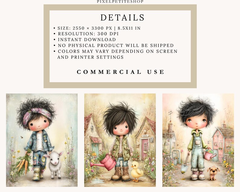 May include: Digital art prints featuring whimsical illustrations of children in a garden setting. Each child is depicted with a pet, such as a lamb, duckling, or puppy, and garden tools. The prints are available for instant download and commercial use.
