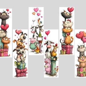 May include: Whimsical illustrations of stacked animals, including cats, dogs, cows, and pigs, holding heart-shaped balloons and gifts. The artwork features a cartoon style with bright colors and a Valentine's Day theme. Each animal has a unique expression.