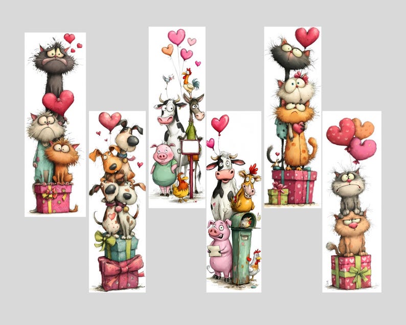 May include: Whimsical illustrations of stacked animals, including cats, dogs, cows, and pigs, holding heart-shaped balloons and gifts. The artwork features a cartoon style with bright colors and a Valentine's Day theme. Each animal has a unique expression.