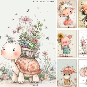 Peut inclure: Illustration &agrave; l'aquarelle d'une tortue souriante portant une jardini&egrave;re en bois remplie de fleurs et de plantes grasses. D'autres illustrations incluent un mouton, une abeille, un cochon, un chat, une grenouille et un &eacute;l&eacute;phant. Le texte "PIXELPETITESHOP" est visible.