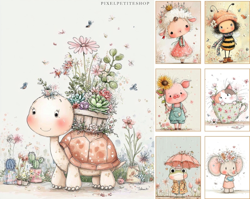 Peut inclure: Illustration &agrave; l'aquarelle d'une tortue souriante portant une jardini&egrave;re en bois remplie de fleurs et de plantes grasses. D'autres illustrations incluent un mouton, une abeille, un cochon, un chat, une grenouille et un &eacute;l&eacute;phant. Le texte "PIXELPETITESHOP" est visible.