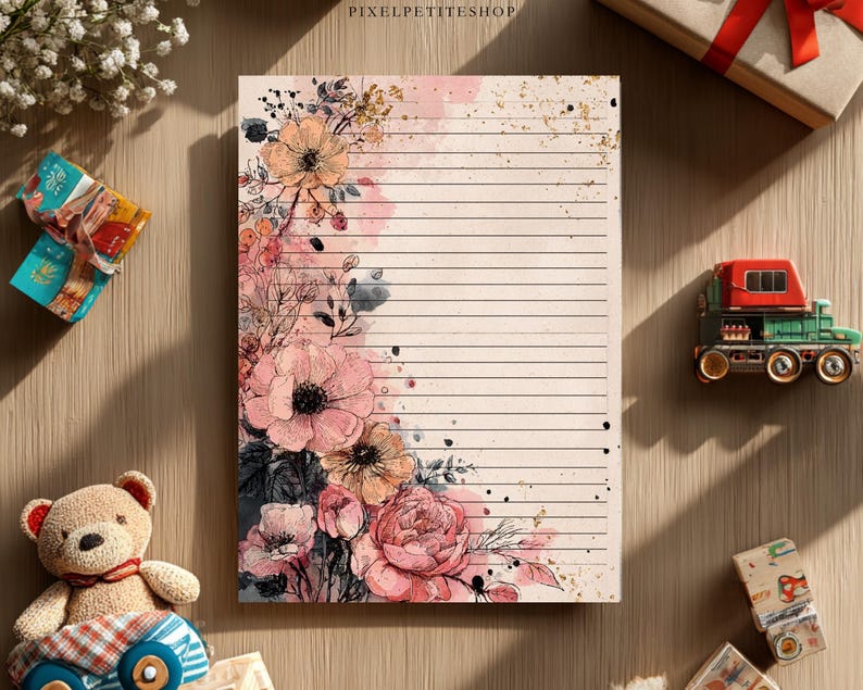 May include: Lined stationery with a floral design featuring pink and peach flowers. The stationery has a watercolor effect with gold accents. The image also includes a teddy bear, a toy train, and a wrapped gift.