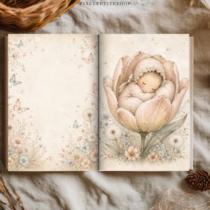 May include: An open book featuring a watercolor illustration of a baby sleeping inside a large, soft-toned tulip flower. The left page displays delicate butterflies and dandelion seeds, while the right page shows the baby nestled in the petals.