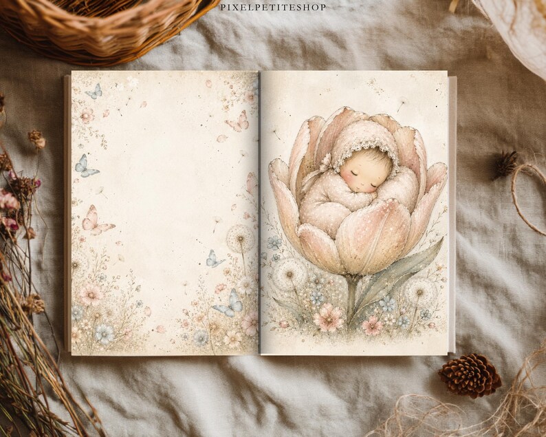 May include: An open book featuring a watercolor illustration of a baby sleeping inside a large, soft-toned tulip flower. The left page displays delicate butterflies and dandelion seeds, while the right page shows the baby nestled in the petals.