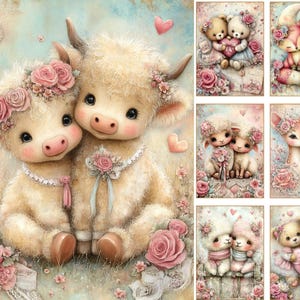 K&ouml;nnte beinhalten: Eine Sammlung von Aquarellillustrationen mit entz&uuml;ckenden Tierpaaren. Das Hauptbild zeigt zwei flauschige, cremefarbene Highland-K&uuml;he, die mit Blumenkr&auml;nzen und Halsketten geschm&uuml;ckt sind. Zus&auml;tzliche Bilder zeigen Paare von B&auml;ren, F&uuml;chsen, L&auml;mmern und Hirschen, alle mit Rosen und Herzen verziert.