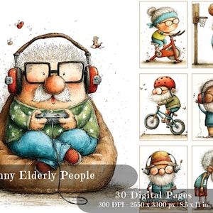 May include: A digital art print featuring a collection of whimsical illustrations of elderly people engaged in various activities. The main image shows a cartoon character wearing headphones and playing a video game. The text "Funny Elderly People" is displayed at the bottom.