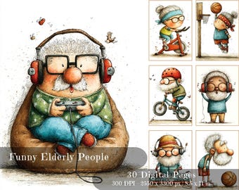 Puede incluir: Una impresión artística digital con ilustraciones humorísticas de personas mayores. La imagen principal muestra un personaje de dibujos animados con auriculares jugando a un videojuego. El texto "Funny Elderly People" está visible. Contiene 30 páginas digitales.