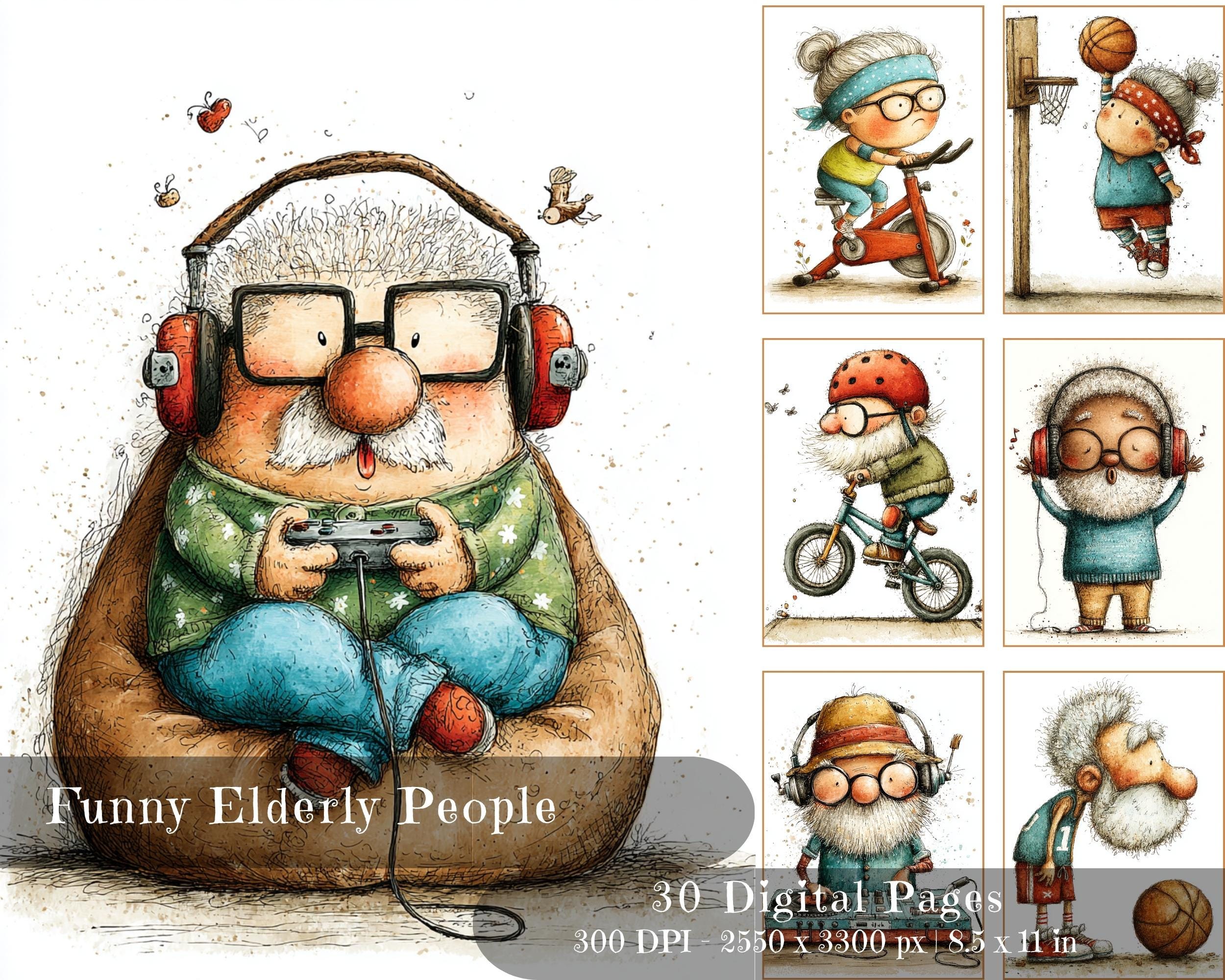 Preview of Funny Seniors Journal Pages — 30 Printable Cartoon Designs