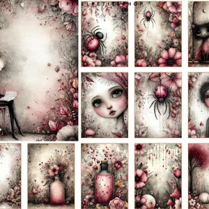 Pu&ograve; includere: Una collezione di stampe artistiche ad acquerello con illustrazioni stravaganti. Le stampe presentano una variet&agrave; di soggetti, tra cui una persona che legge, un gatto nero e una coccinella. La tavolozza dei colori &egrave; tenue, con sfumature di rosa, grigio e bianco.